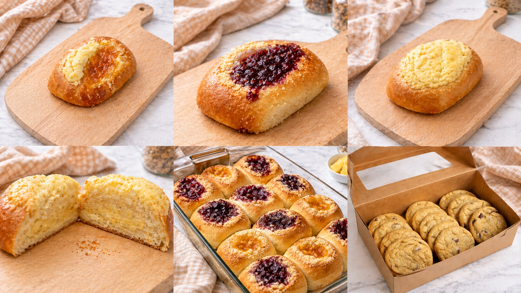 A photo collage of kolaches and chocolate chip cookies