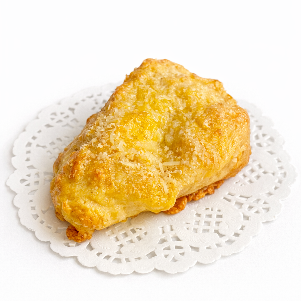 A rustic scone, roughly triangular in shape, with hues ranging from bright yellow to deep golden. The scone is topped with a sprinkle of grated parmesan cheese and placed on a white doily with a solid white background.