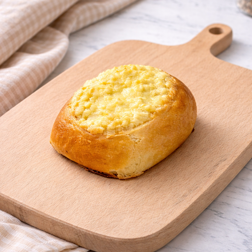 A golden, round kolache stuffed with a cream cheese filling, dusted with posipka and presented on a wooden cutting board placed on a marble counter next to a kitchen cloth.