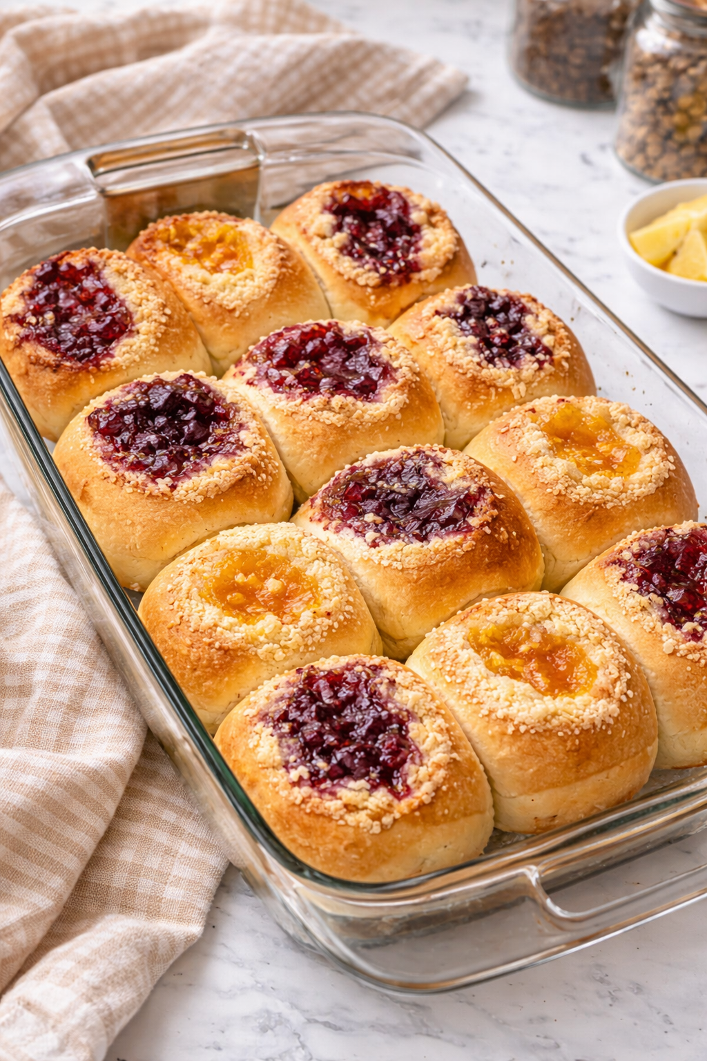 A clear glass 9x13 inch dish on a marble counter with baking ingredients and a kitchen cloth around it. Inside the dish, there are four rows and three columns for a total of 12 rustic, mostly round danishes. The puffy pastries are filled with assorted fruit spreads and cream cheese. There is a light dusting of a crumbly, sweet danish sprinkle traditionally known as Posipka on the kolaches.