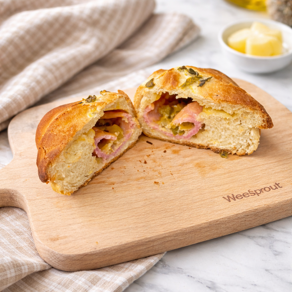 A kolache cut in half, giving a full view of the fluffy bread texture, and the clear roll of ham stuffed with melted cheddar cheese and diced jalapeño wrapped inside the kolache bread. The pastry is placed on a wooden cutting board laying on a marble counter with a kitchen cloth and a bowl of butter in the background.