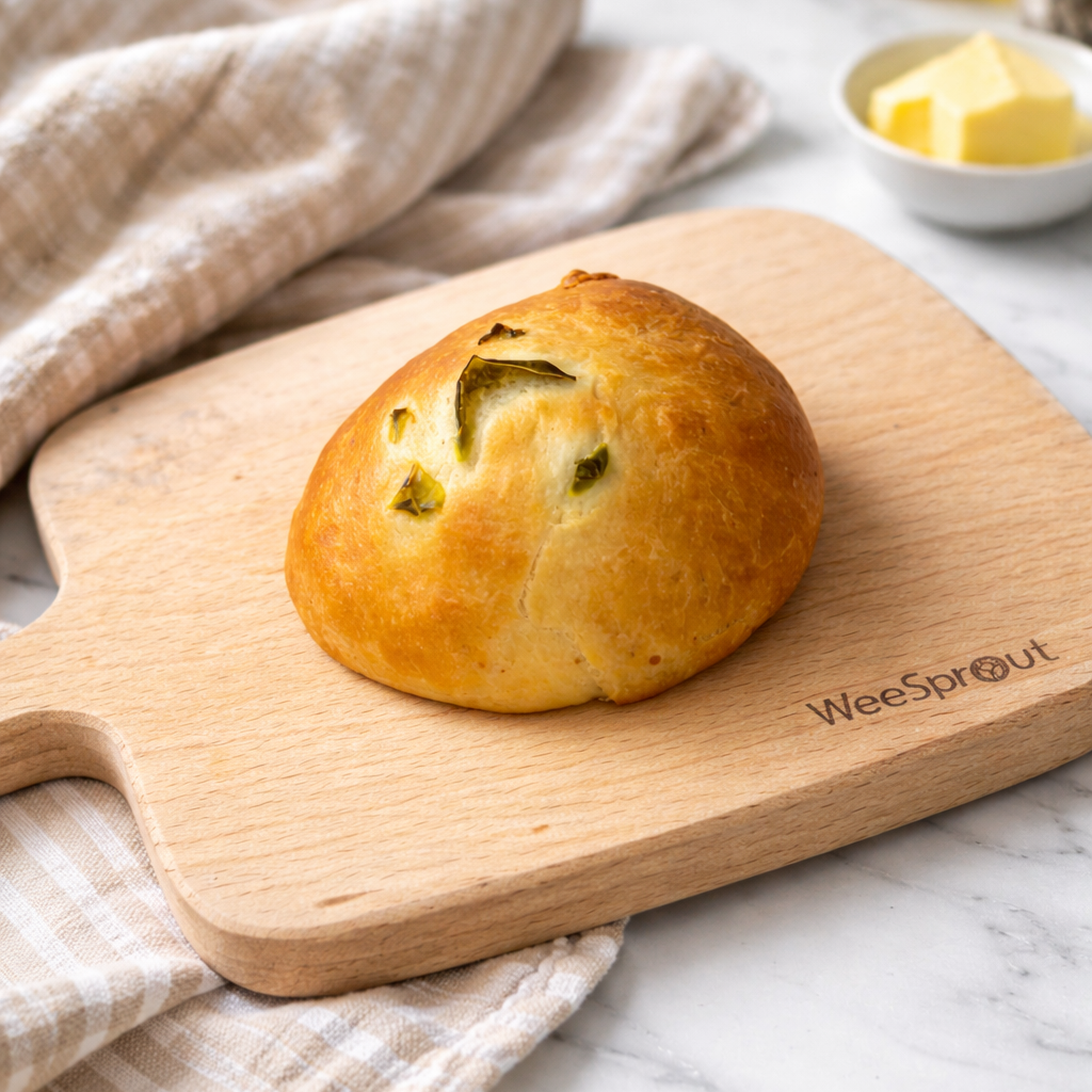 A golden, round kolache resembling a dinner roll, with some jalapeños protruding from the top. The kolache is presented on a wooden cutting board placed on a marble counter and a kitchen towel, with a bowl of butter in the background.