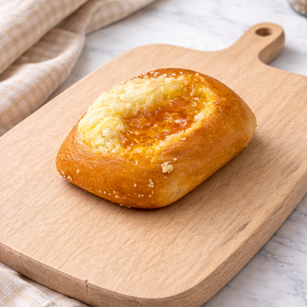 A deep golden kolache filled with a peach jam and cream cheese filling, dusted with posipka and presented on a wooden cutting board placed on a marble counter with a kitchen cloth beside the cutting board.