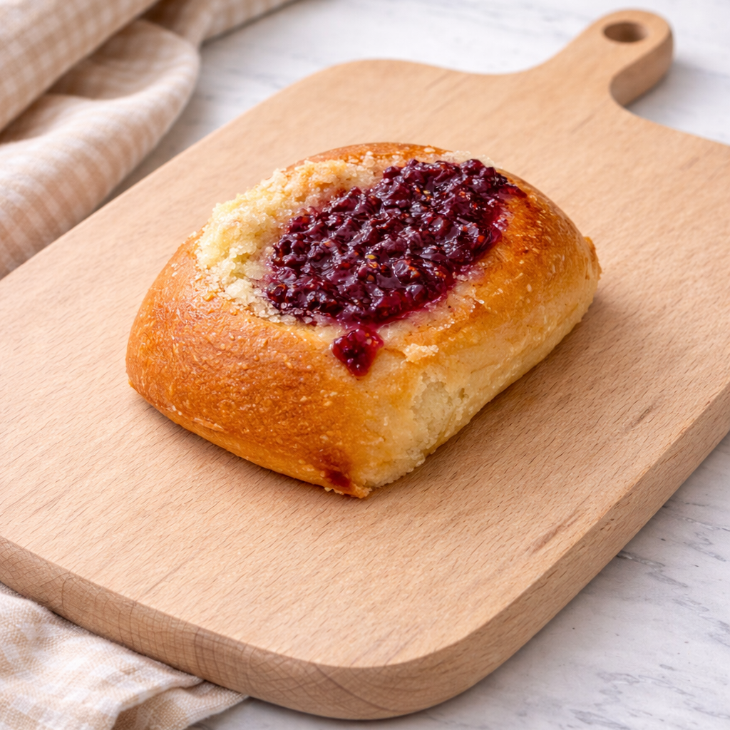 A deep golden, round kolache filled with a raspberry jam and cream cheese filling, dusted with posipka, presented on a wooden cutting board placed on a marble counter with a kitchen cloth behind it.