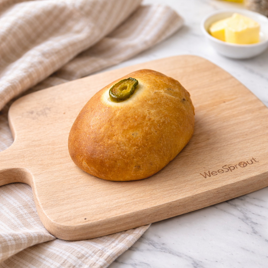 A deep golden kolache, reminiscent of a pig in a blanket, with a round sliced jalapeño baked into the top. The kolache is presented on a wooden cutting board placed on a marble counter with a kitchen cloth and a white bowl of butter cubes in the background.