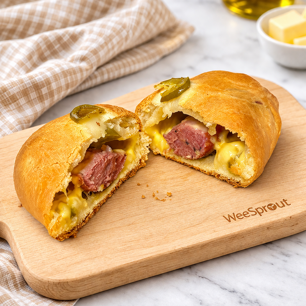 A kolache cut in half, with a clear shot of a large link of Texas Kielbasa sausage surrounded by melted, gooey cheddar cheese and diced jalapeños all wrapped in the kolache breading. The baked treat is presented on a wooden cutting board placed on a marble counter with a kitchen cloth and a white bowl of a square stick of butter in the background.