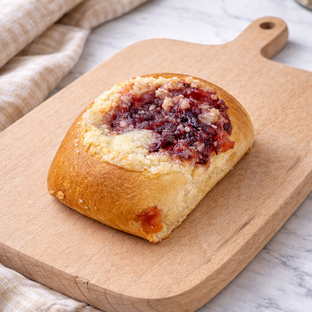 A thick, round danish known as a kolache, filled with a sour cherry jam and cream cheese, dusted with posipka, presented on a wooden cutting board placed on a marble counter with a kitchen cloth behind it.