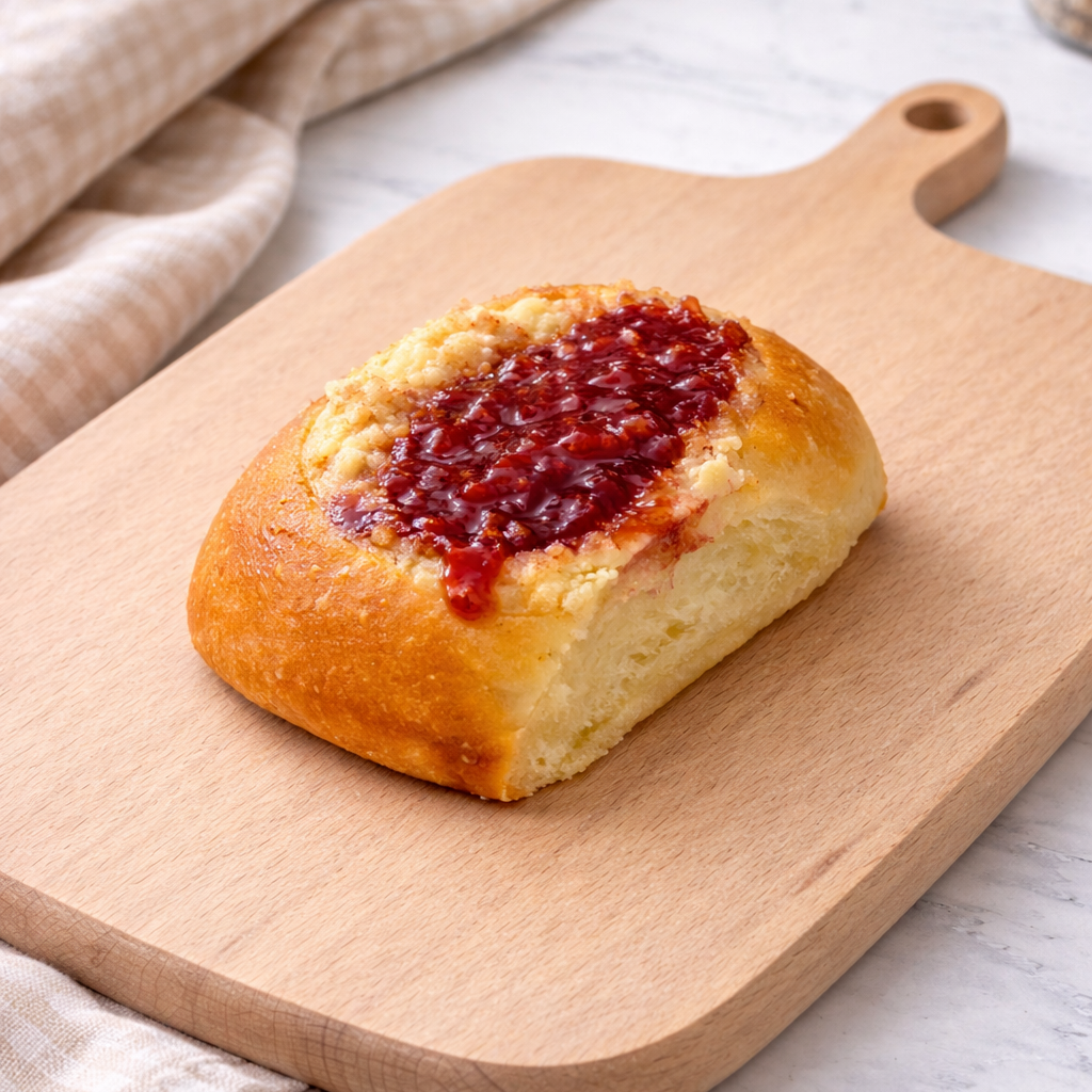 A light golden kolache filled with a strawberry jam and cream cheese filling, dusted with posipka, presented on a wooden cutting board placed on a marble counter with a kitchen cloth beside it.