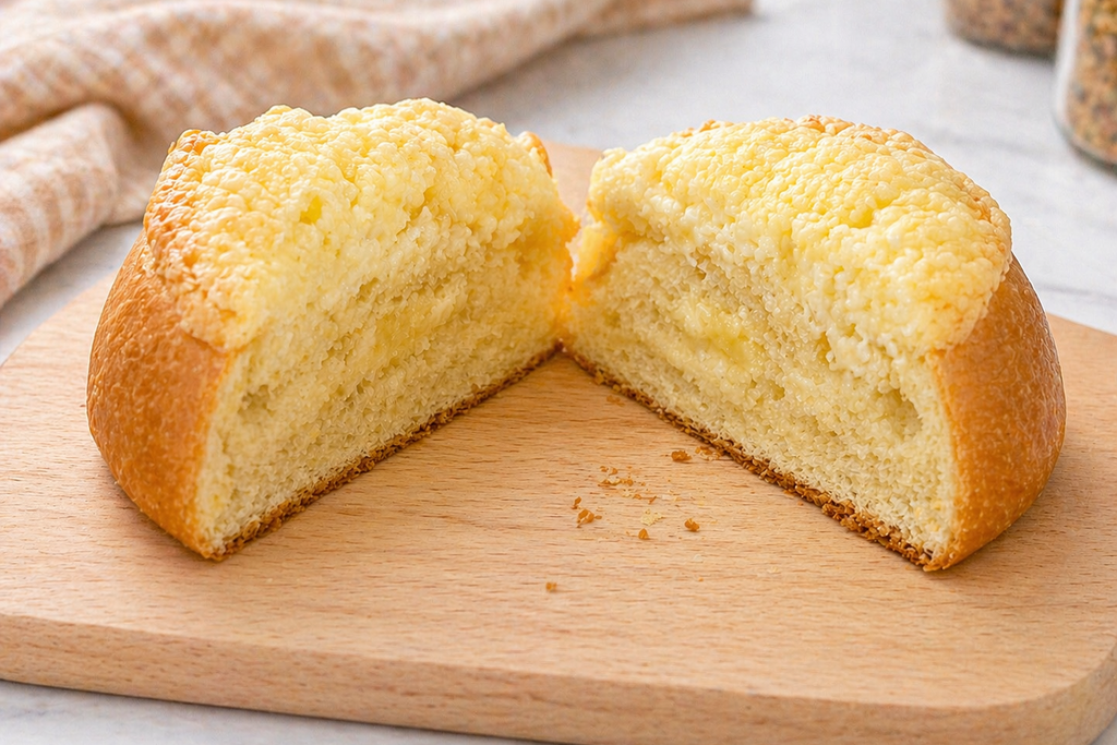 A kolache topped with cream cheese sliced in half, revealing a fluffy, airy, bread texture with the topping seeping about half-way into the pastry from the top. The kolache is placed on a wooden cutting board resting on a marble counter.