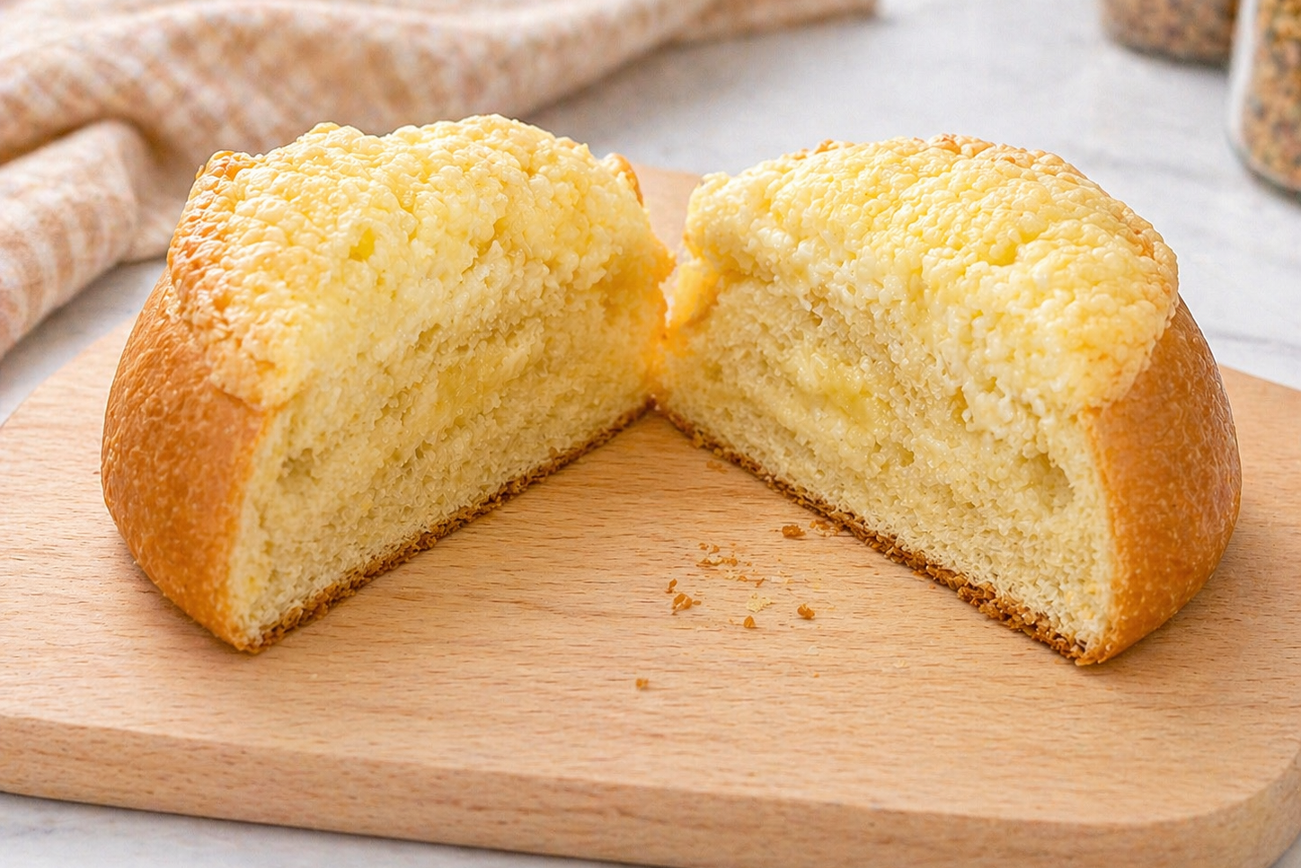 A kolache topped with cream cheese sliced in half, revealing a fluffy, airy, bread texture with the topping seeping about half-way into the pastry from the top. The kolache is placed on a wooden cutting board resting on a marble counter.